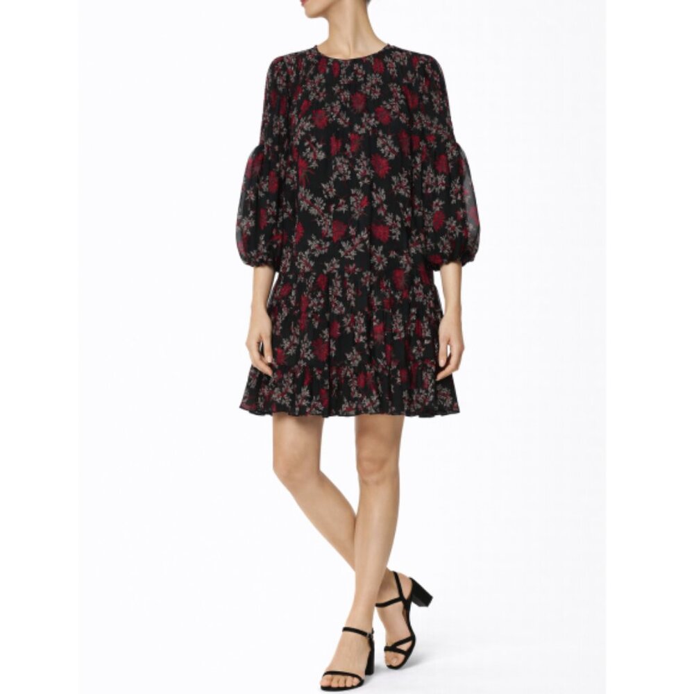 CINQ À SEPT 'Rika' Billowed-Sleeve Tiered Mini-Dress, Raspberry Multi